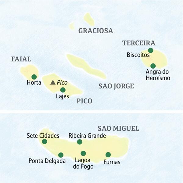 Die Karte zeigt den Verlauf unserer Naturerlebnis-Studienreise zu den Azoren: Terceira mit Bisoitos und Angra do Heroísmo, Faial mit Horta, Pico mit Lajes und Sao Miguel mit Ponta Delgada und weiteren Orten.