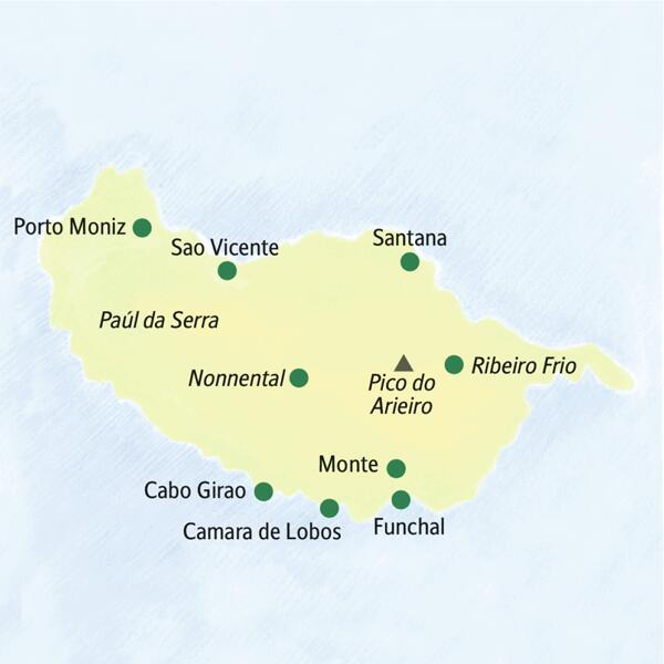 Die Karte zeigt Orte, die auf unserer Studienreise mit Muße nach Madeira besucht werden: Funchal, Camara de Lobos, Cabo Girao, Monte, Porto Moniz, Sao Vicente, Santana, Ribeiro Frio.