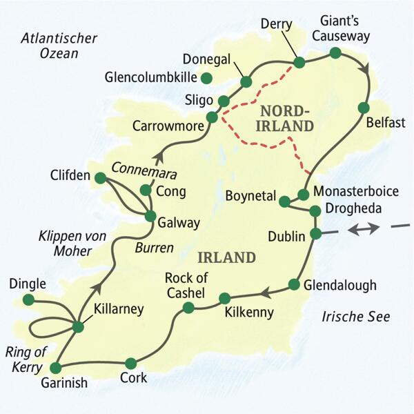Die Karte zeigt den Verlauf unserer umfassenden 15-tägigen Studienreise nach Irland: Dublin, Glendalough, Kilkenny, Rock of Cashel, Cork, Garinish, Killarney, Dingle, Klippen von Moher, Galway, Cong, Carrowmore, Sligo, Donegal, Derry, Belfast, Monasterboice, Boynetal, Drogheda.