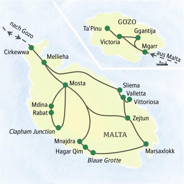 Die Gäste dieser Studienreise nach Malta und Gozo besuchen die Höhepunkte der beiden Inseln mit Valletta, Mdina, Rabat und Victoria.