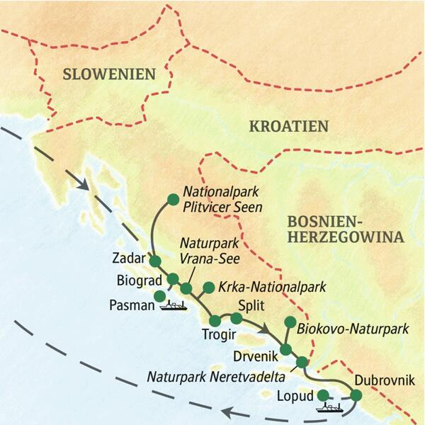 Unsere Wander-Studienreise durch Kroatien startet in Zadar und führt über Biograd, die Plitvicer Seen, den Naturpark Vrana-See, den Krka-Nationalpark, den Biokovo-Nationalpark und über Trogir bis nach Dubrovnik.