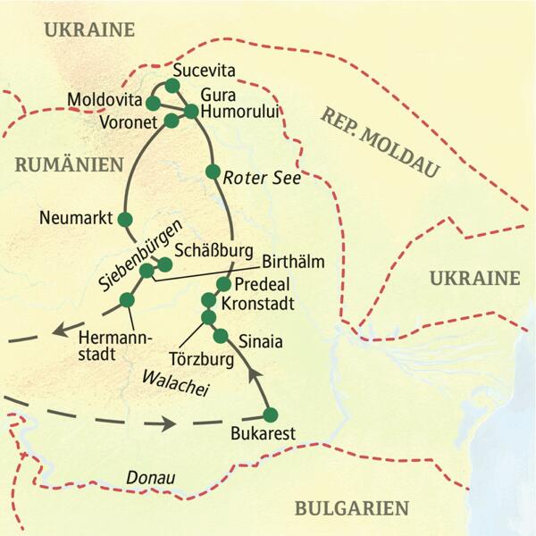 Die Route der Wander-Studienreise nach Rumänien führt nach Bukarest, Sinaia, Törzburg, Kronstadt, Predeal, zum Roten See, nach Gura Humorului, Sucevita, Moldovita, Voronet, Neumarkt, Schäßburg, Birthälm und Hermannstadt.