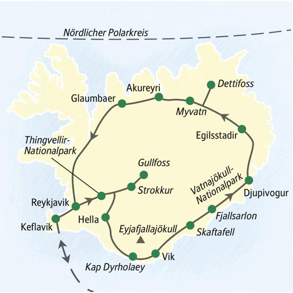 Reiseroute der 10-tägigen Studienreise nach Island mit Studiosus.