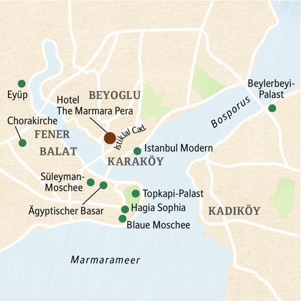 Die Karte zeigt die wichtigsten Sehenswürdigkeiten Istanbuls und die Lage des Hotels der klassischen Istanbul-Reise.