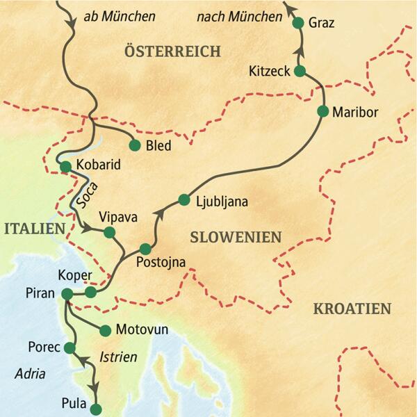 Unsere Reise im Komfortbus druch Slowenien und Istrien führt über Bled und Kobarid in den Julischen Aplen an die Adria nach Piran, nach Pula und über Postojna, Ljubljana nach Graz.