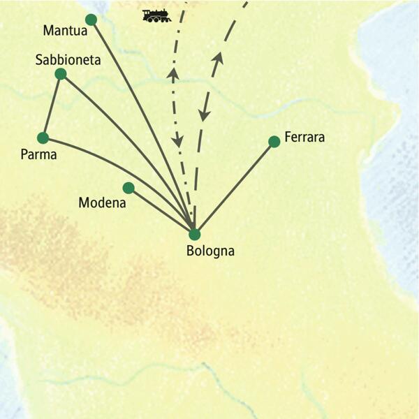 Routenkarte der Eventreise in Norditalien mit Sternfahrten von Bologna nach Ferrara, Modena, Mantua, Parma und Sabbioneta.