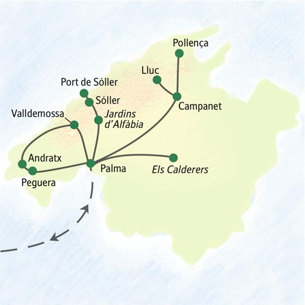 Karte der Studiosus Eventreise auf Mallorca mit Route von Palma nach Peguera, Valldemossa, Sóller und Pollenca.