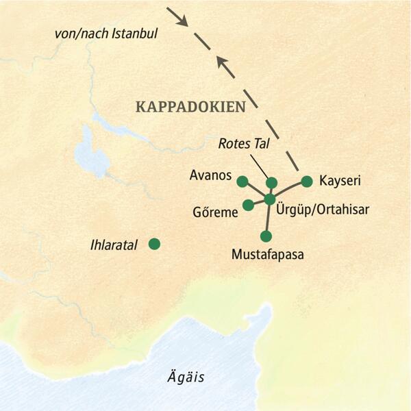 Karte der Studienreise in Kappadokien, Türkei: Die Route führt von Kayseri über die Stationen Ürgüp, Göreme und Avanos.