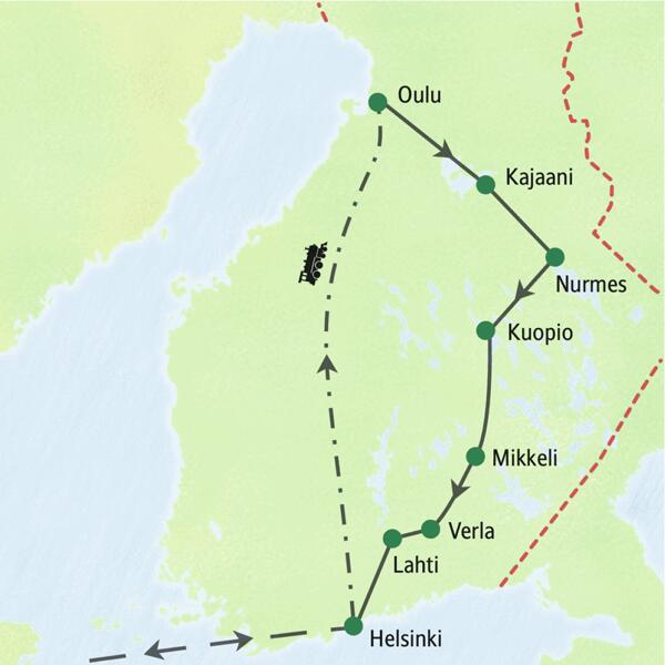 Karte der Eventreise in Finnland: Die Route führt von Helsinki nach Oulu und über Kajaani, Kuopio und Lahti wieder zurück.