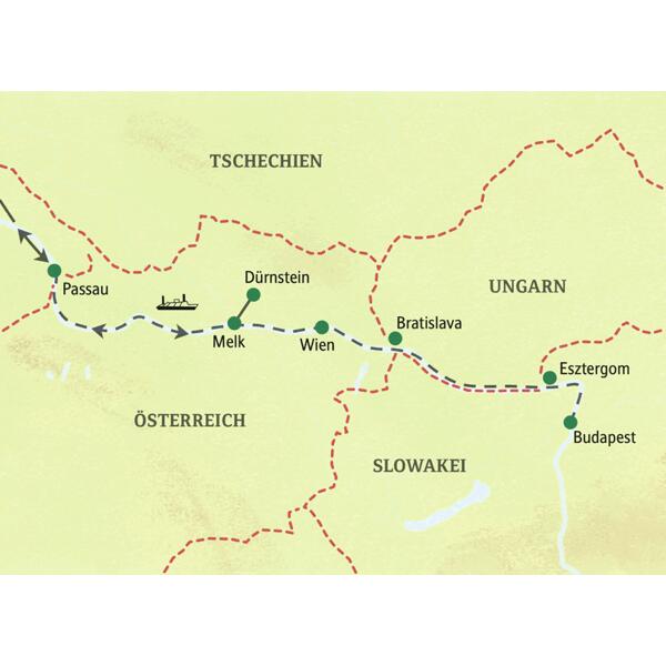 Karte der Donau-Kreuzfahrt als Studienreise: Die Route führt von Passau über Wien, Budapest und Bratislava nach Melk.
