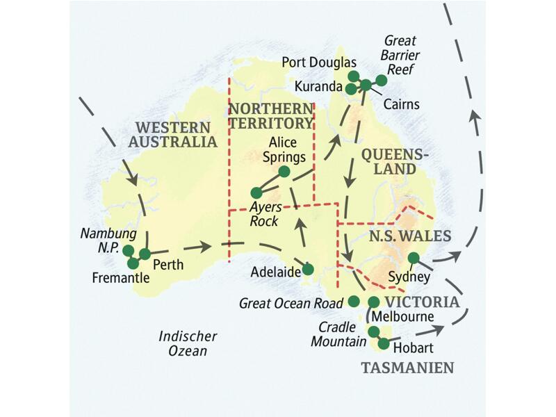 Die Karte zeigt den Verlauf unserer Großen Australienreise: Perth, Fremantle, Nambung-Nationalpark, Adelaide, Alice Springs, Ayers Rock/Uluru, Cairns, Port Douglas, Kuranda, Melbourne, Hobart, Cradle Mountain, Sydney.