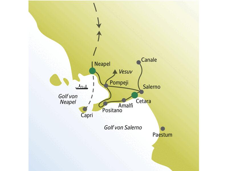 Unsere Singlereise an den Golf von Neapel führt uns zu den wichtigsten Stationen wie Neapel, Pompeji, Cetara, Salerno, Capri und Positano.