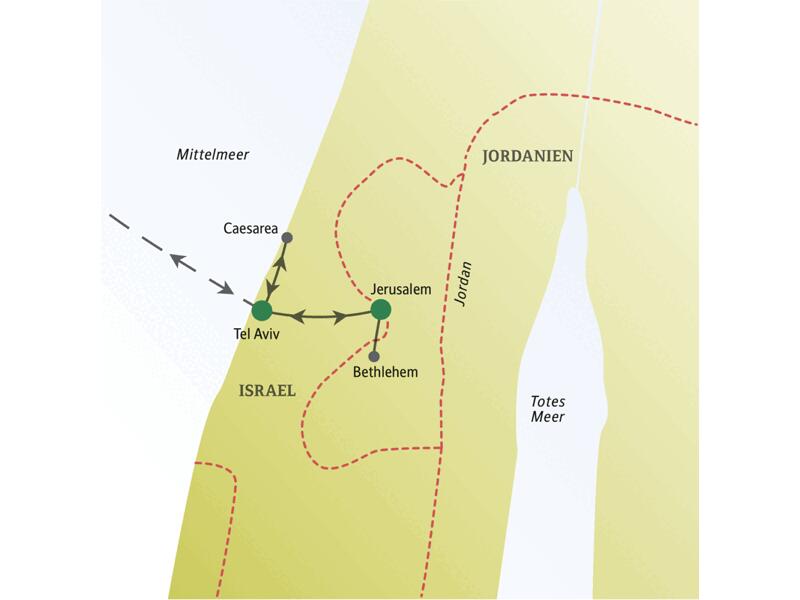 Unsere Reiseroute über Silvester für Singles und Alleinreisende führt uns nach Tel Aviv, Jerusalem, Caesarea und Bethlehem.