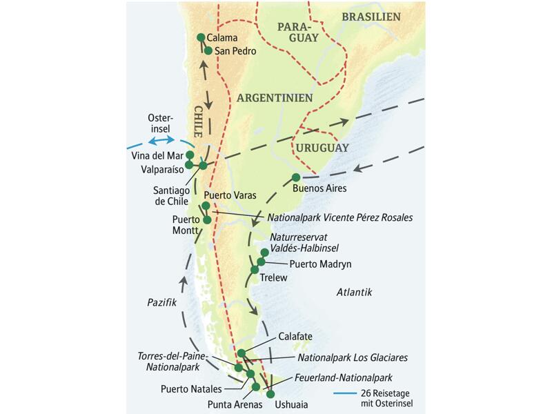Die Route unserer Naturerlebnis-Studienreise durch Argentinien und Chile startet in Buenos Aires und führt über Puerto Madryn, Ushuaia, Calafate, Puerto Natales, Punta Arenas, Puerto Varas und San Pedro de Atacama bis nach Santiago de Chile und - wenn Sie die Verlängerung buchen - als zusätzlichen Höhepunkt auf die Osterinsel!