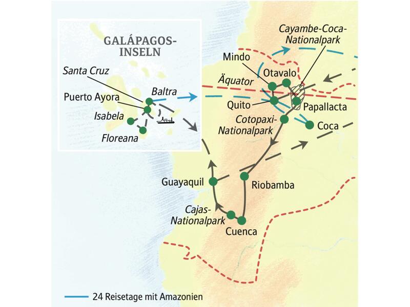 Die Reiseroute unserer Naturerlebnis-Studienreise durch Ecuador startet in Quito und führt über Mindo, San Pablo, Papallacta, Riobamba, Cuenca und Guayaquil sowie auf die Galápagos-Inseln Santa Cruz, Floreana und Isabela.