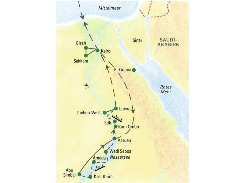 Stationen der 14-tägigen Kreuzfahrt-Studienreise Ägypten - Nassersee, Nil und Kairo sind Assuan, Abu Simbel, Kom Ombo, Edfu, Luxor, Gizeh und Sakkara.