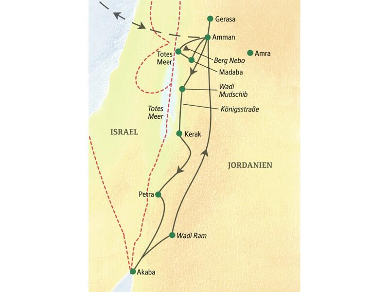 Unsere Reiseroute durch Jordanien führt von Amman über Kerak, Petra und Akaba zurück nach Amman.