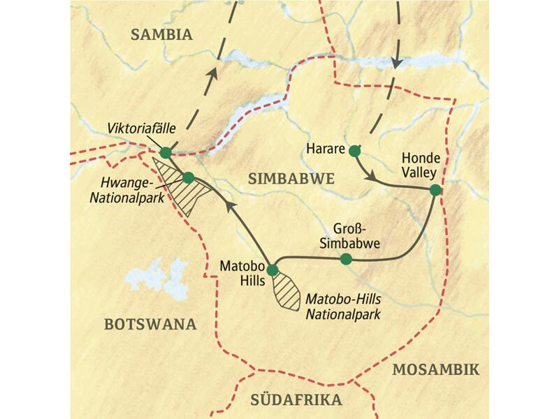 Die Rundreise durch Simbabwe beginnt in Harare und endet in Victoria Falls. Unterwegs besuchen wir die Eastern Highlands, die Ruinen von Great Zimbabwe und den Hwange-Nationalpark.