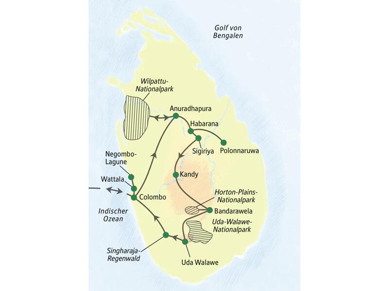 Die Reiseroute dieser Naturerlebnis-Reise führt von Colombo über Wilpattu, Anuradhapura, Sigiriya, Uda-Walawe, die Horton Plains und den Singharaja-Regenwald wieder nach Colombo.