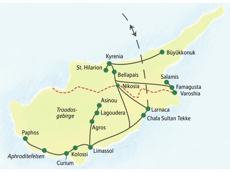 Unsere zehntägige Studienreise durch Zypern führt Sie zu den wichtigsten Sehenswürdigkeiten der drittgrößten Mittelmeerinsel, zum Beispiel die Bergfestung St. Hilarion, Famagusta, Larnaca und Paphos.