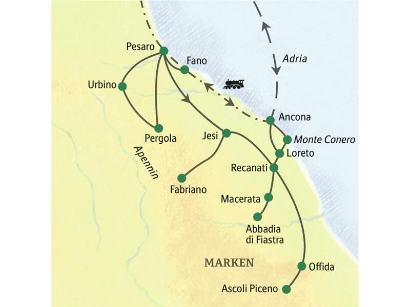 Ausgehend von den beiden Standorten Pesaro und Recanati besuchen wir auf dieser Studienreise in die Marken alle Höhepunkte dieser Region an der Adria, wie z. B. Urbino, Pergola, Fabriano oder Ascoli Piceno.