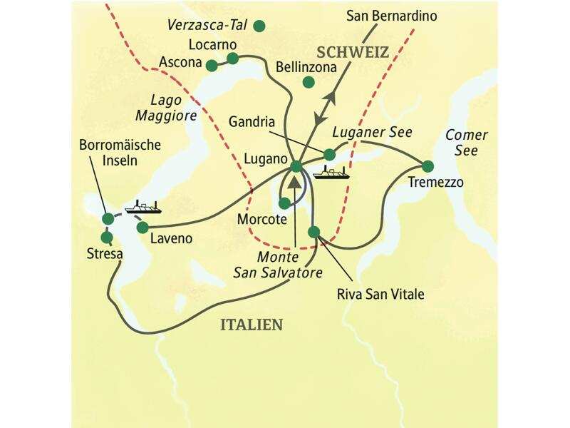 Auf unserer Studienreise mit Muße erkunden wir von unserem familiären und komfortablen Standorthotel in Lugano aus die schönsten Orte am Luganer See. Außerdem unternehmen wir Ausflüge zum Lago Maggiore, zum Comer See und auf Wunsch ins wildromantische Verzasca-Tal.