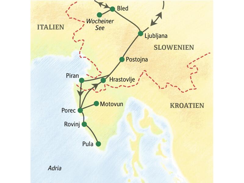 Höhepunkte der neuntägigen Studienreise Slowenien-Istrien mit Muße sind der Bleder See, Ljubljana, Porec, Pula, Rovinj und die Höhlen von Postojna.