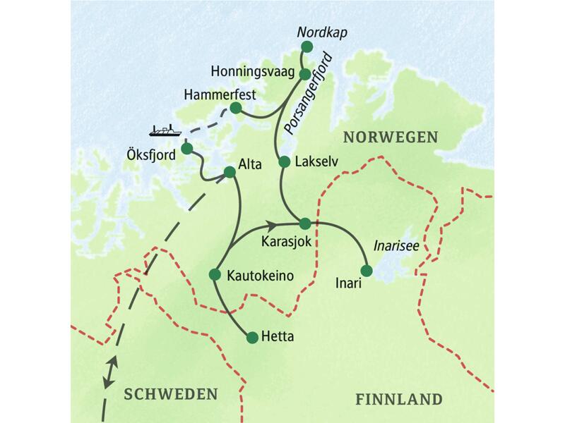 Die Route dieser einwöchigen Winterreise von Studiosus durch Lappland führt auch nach Inari, ans Nordkap und nach Hammerfest.