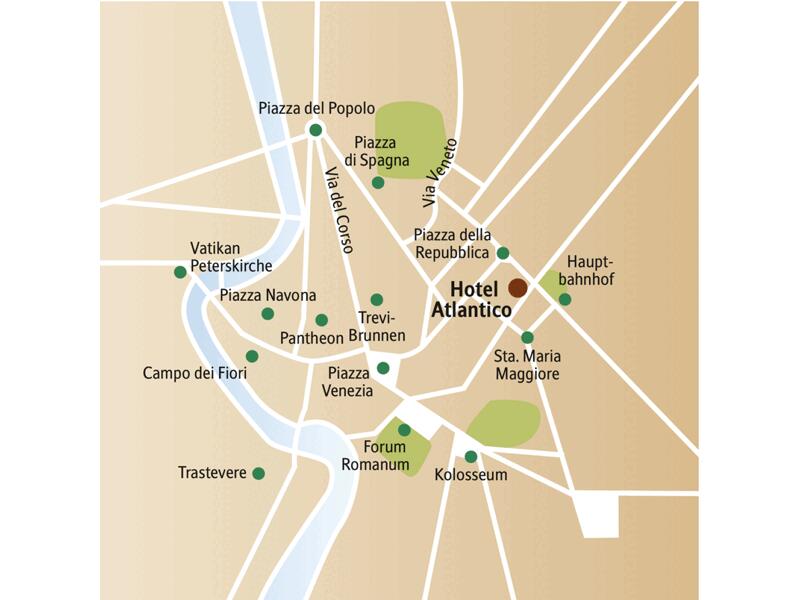 Der Stadtplan von Rom zeigt die wichtigsten Sehenswürdigkeiten, die wir auch auf der 6-tägigen Städtereise besuchen, sowie die zentrale Lage des Hotels Atlantico.