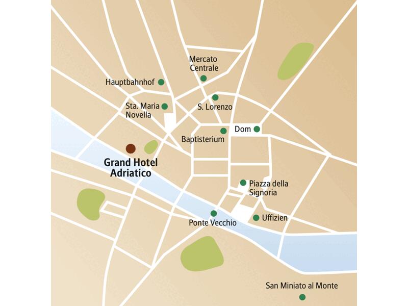 Der Stadtplan von Florenz zeigt den zentralen Standort des Hotels und die wichtigsten Sehenswürdigkeiten, die auf unserer Florenz-Städtereise besichtigt werden.