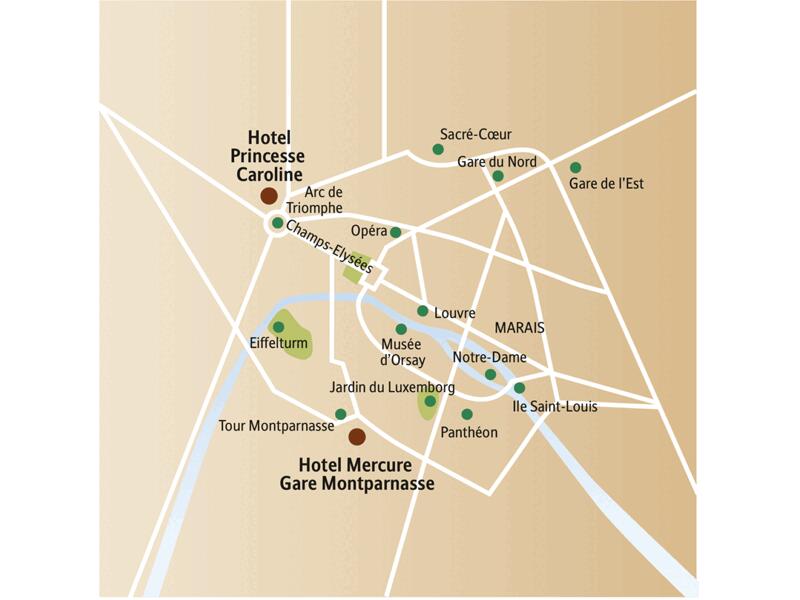Auf dem Stadtplanausschnitt von Paris sehen Sie die beiden Hotels zur Auswahl für Ihre sechstägige Städtereise, das Princesse Caroline und das Mercure Gare Montparnasse.