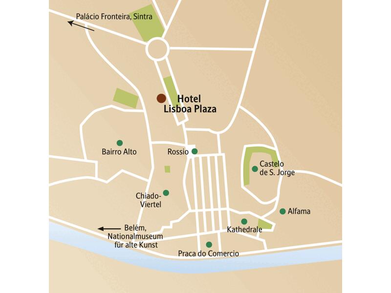 Das Hotel Lisboa Plaza, in dem Sie auf dieser Städtereise nach Lissabon viermal übernachten, liegt zentral. Auch andere Besichtigungspunkte wie das Castelo de Sao Jorge, die Alfama, das Chiado-Viertel und das Bairro Alto sind von dort aus gut zu erreichen.