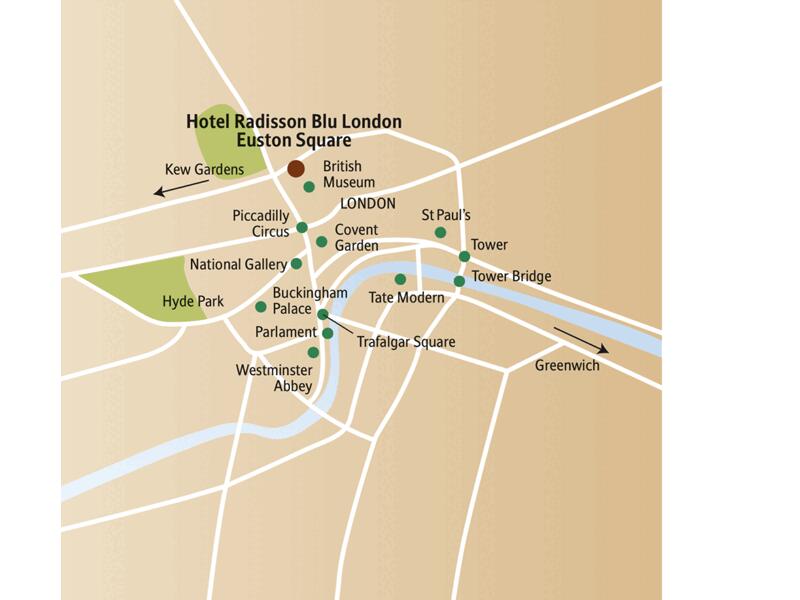 Der Stadtplanausschnitt zeigt die Innenstadt von London mit ihren vielen Sehenswürdigkeiten und den Standort unseres Hotels Radisson Blu London Euston Square auf unserer sechstägigen London-Städtereise.