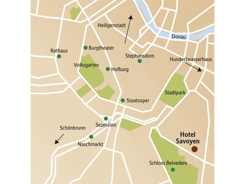 Vom Hotel Savoyen, ganz in der Nähe des Belvedere-Parks gelegen, erreichen Sie auf Ihrer fünftägigen Städtereise die schönsten Plätze Wiens bequem zu Fuß oder mit öffentlichen Verkehrsmitteln.