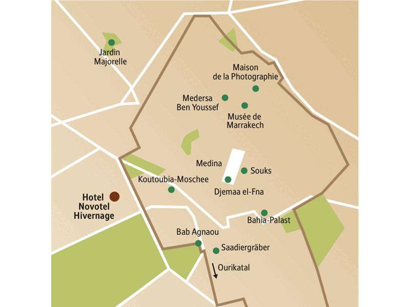 Der Stadtplan von Marrakesch mit den wichtigsten Stationen der Studiosus CityLights-Städtereise. Genießen Sie sechs Tage in Marrakesch und lassen Sie sich von den Farben und Düften des Orients verzaubern!