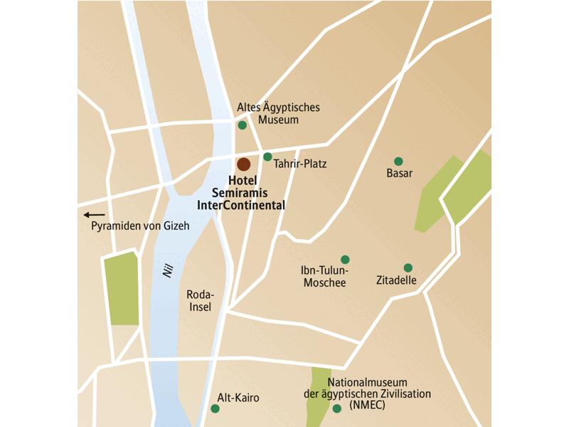 Der Stadtplan von Kairo mit den wichtigsten Punkten der CityLights-Städtereise: Hotel Semiramis InterContinental, Altes Ägyptisches Museum, Zitadelle, Basar und Ibn-Tulun-Moschee.