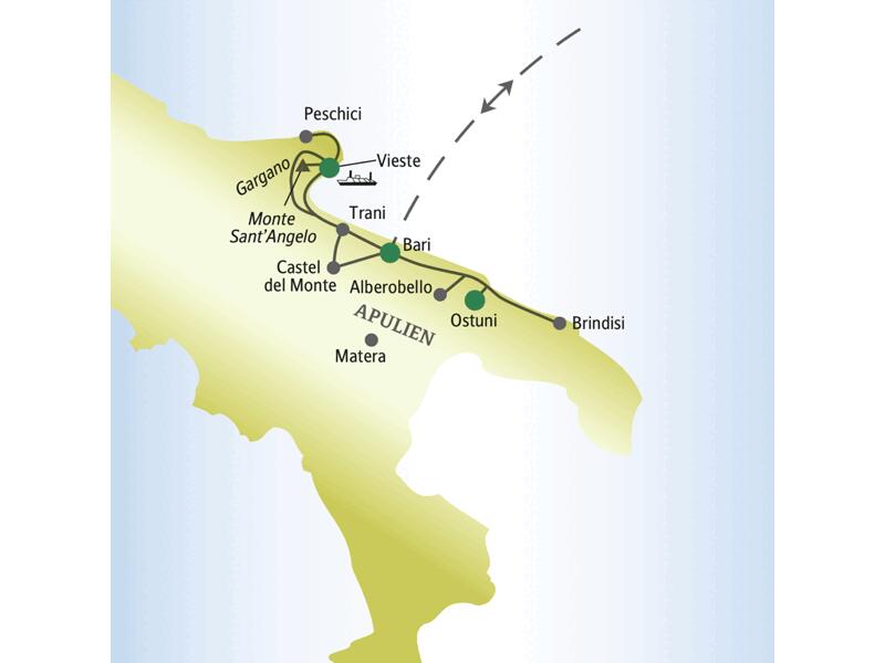 Auf der Singlereise nach Apulien besuchen wir unter anderem Ostuni, Vieste, Alberobello, Castel del Monte und Brindisi.