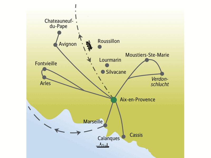 Vom bezaubernden Aix-en-Provence aus erkunden wir auf Tagesausflügen die schönsten Orte der Provence: Arles, Avignon und Cassis. Dazu auf Wunsch den Naturpark Luberon. Auch ein Ausflug in die spektakuläre Vedonschlucht steht auf dem Programm.