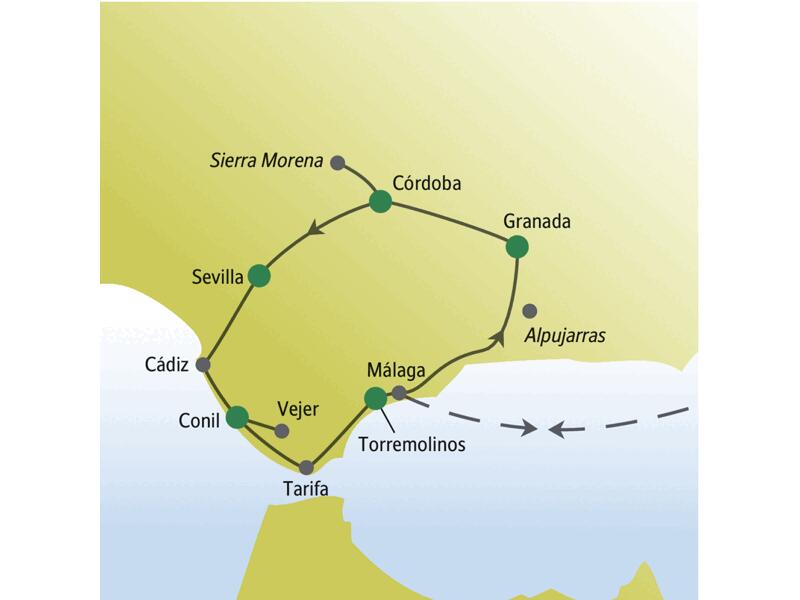 Die Stationen unserer Andalusienreise für Singles und Alleinreisende sind u.a. Torremolinos, Málaga, Granada, Córdoba, Sevilla, Cádiz und Conil.