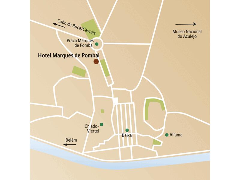 Die Karte zeigt die Innenstadt von Lissabon und wichtige Punkte unserer Silvesterreise für Singles und Alleinreisende, wie das Hotel Marques de Pombal, Baixa, Alfama, Chiado.