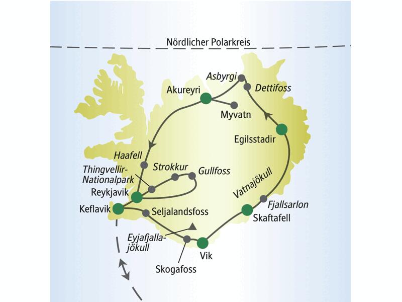 Diese Reise für Singles und Alleinreisende führt auf der Ringstraße rund um Island über die Stationen Keflavik, Vik, Höfn, Breidalsvik, Akureyri und Reykjavik.