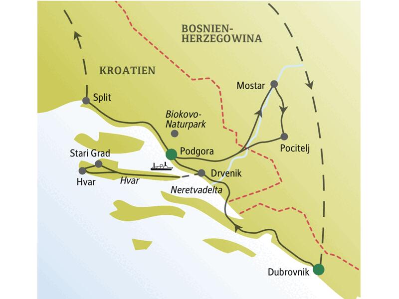 Unsere Singlereise startet in Dubrovnik und führt uns u. a. auf die Insel Hvar, nach Mostar, Split und in den Biokovo-Naturpark.