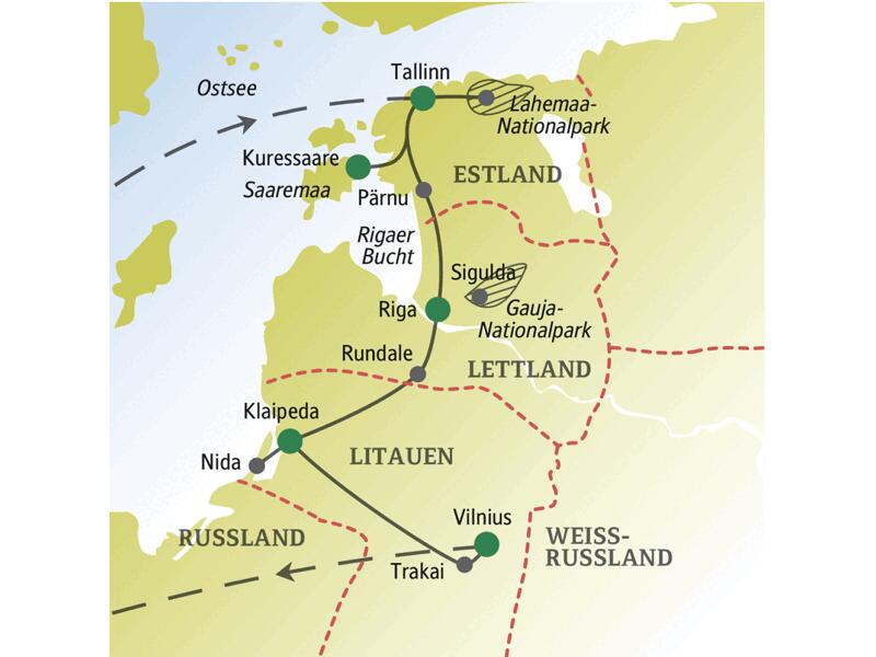 Unsere Reise für Singles und Alleinreisende durch das Baltikum startet in Estland und führt über Lettland nach Litauen mit den Stationen u.a. in den Hauptstädten Tallinn, Riga und Vilnius.