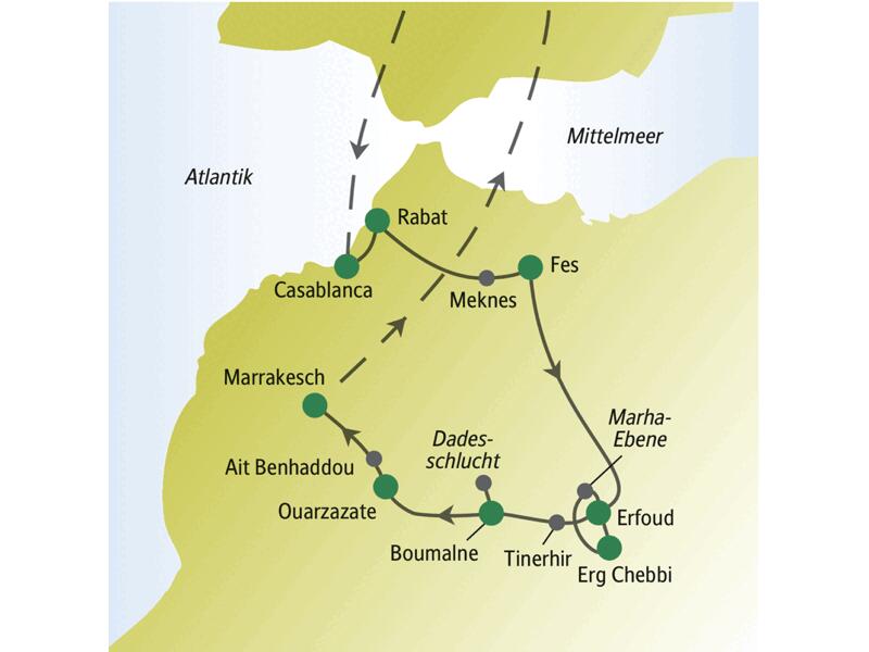 Unsere Rundreise durch Marokko startet in Casablanca, führt uns u.a. über Rabat, Fes, Erfoud, Boumalne bis nach Marrakesch.