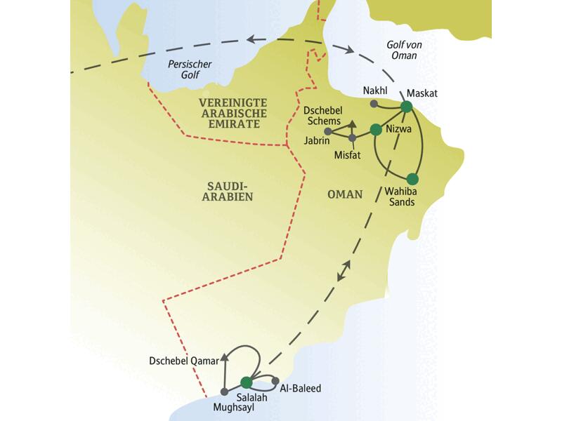 Auf unserer Singlereise in den Oman wir unter anderem nach Maskat, Nizwa, Jabrin, Dschebel Schems, Nakhl, Wahiba Sands und nach Salalah im Süden.
