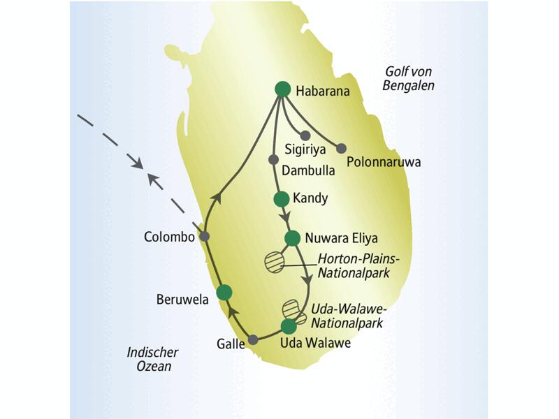 Die Karte zeigt den Verlauf unserer Singlereise Sri Lanka: Colombo, Habarana, Sigiriya, Polonnaruwa, Dambulla, Kandy, Nuwara Eliya, Horton-Plains-Nationalpark, Uda-Walawe-Nationalpark, Galle, Beruwela.