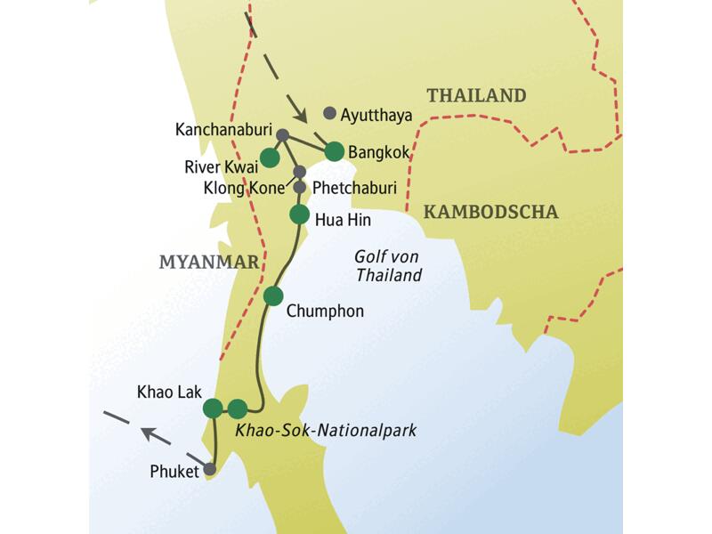 Auf der 14-tägigen Studiosus-Singlereise nach Thailand entdecken Sie neben der Hauptstadt Bangkok viele weitere tolle Orte wie Ayutthaya, Kanchanaburi, das Seebad Hua Hin, die Khao-Luang-Höhlen, den Khao-Sok-Nationalpark und den Badeort Khao Lak.