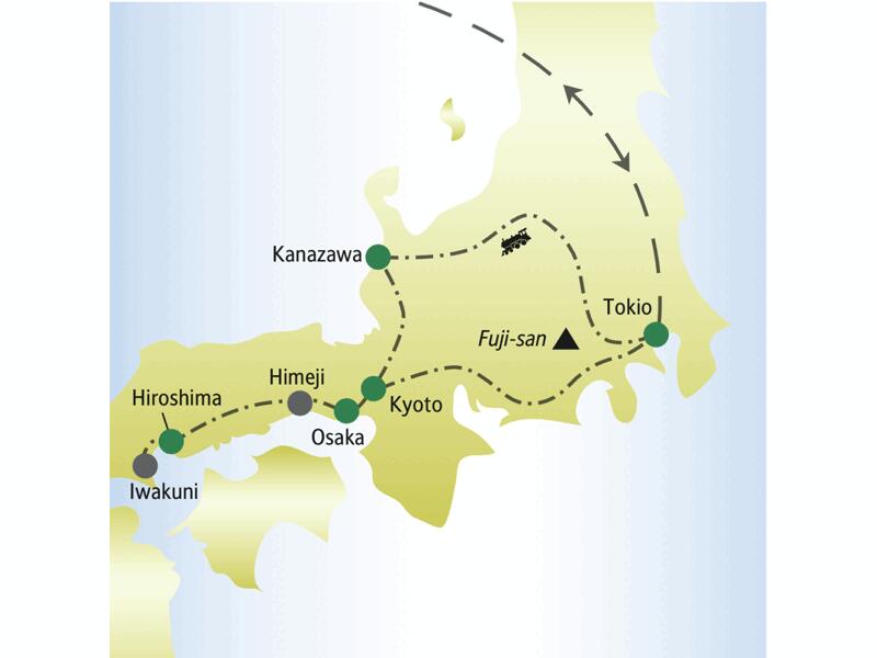 Unsere Rundreise durch Japan für Singles und Alleinreisende startet in Tokio und führt über Kanazawa, Kyoto, Himeji, Hiroshima und Osaka zurück in die Hauptstadt.