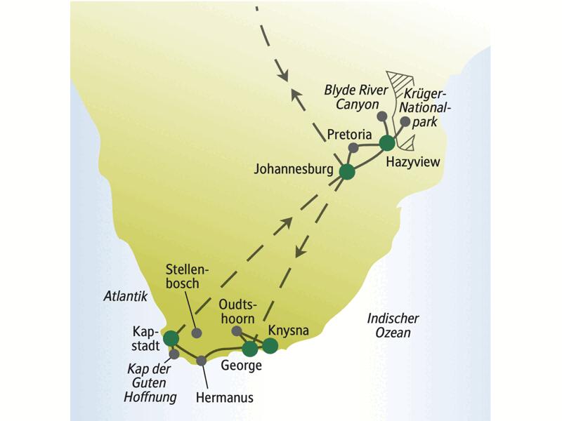 Die Stationen unserer Südafrikareise für Singles und Alleinreisende sind Hazyview, Sandton, Knysna, Mossel Bay und Kapstadt. Wir erleben die Straußenfarm in Oudtshoorn, Franschoek und Stellenbosch und das Kap der Guten Hoffnung.