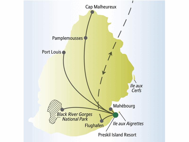 Vom Preskil Island Resort aus führt uns unsere me&more-Reise für Singles und Alleinreisende nach Mauritius zum Cap Malhereux, nach Port Louis und Mahébourg sowie in den Black River Gorges National Park.
